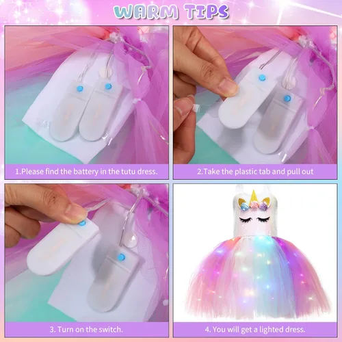 Vista 7 de Girls Unicorn Tutu Costumes Dress Light Up Unicorn LED Headband Princess Birthday Dress Up Clothes Girl Gift