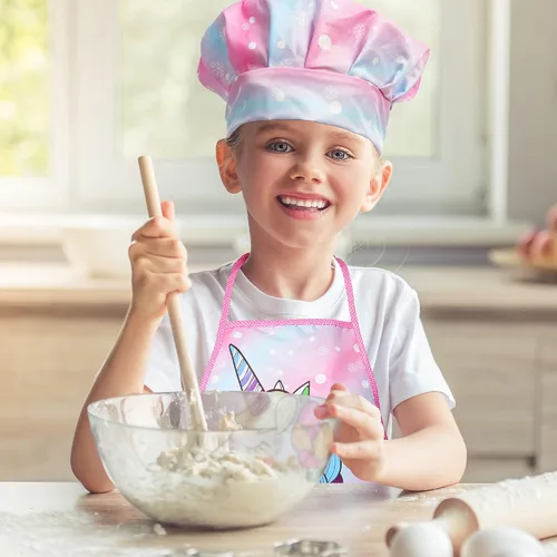Vista 5 de Vanmor Juego de cocina y hornear de unicornio para niños, 11 delantales para niñas, sombrero de chef y delantal rosa, guante y utensilio