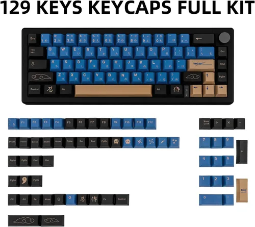 Vista 2 de Teclas Samurai Azules de 129 Teclas, Teclas de Sublimación de Tinte con Perfil Cherry para Teclado Gaming, Juego de Teclas Personalizadas PBT