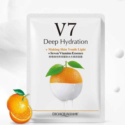 Vista 4 de BIOAQUA V7 Hidratación profunda que hace la piel facial de la juventud, siete vitaminas esencia, naranja, kiwi, manzana, fresa, máscara facial