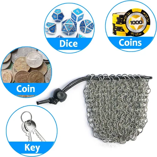 Vista 5 de YOUSHARES Bolsa de dados de acero inoxidable para juego de dados de metal poliédrico D&D, bolsa de dados DND para juego de dados de metal poliédricos