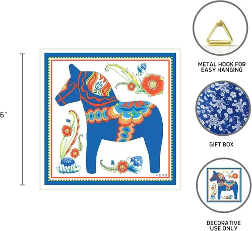 Vista 2 de Essence of Europe Gifts Regalo temático sueco azul Dala caballo decorativo 6x6 baldosa de pared de cerámica ScandinavianGiftOutlet