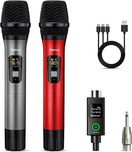 Vista 15 de Bietrun Micrófono inalámbrico, juego profesional de micrófonos UHF de metal, de mano, doble, inalámbrico, dinámico, con receptor recargable, salida
