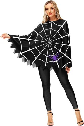 Vista 6 de Disfraz de calabaza de Halloween, capa de poncho de esqueleto de telaraña