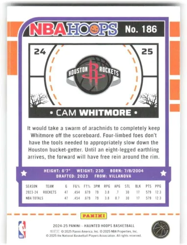 Vista 2 de 2024-25 Panini Haunted Hoops #186 Cam Whitmore Houston Rockets NBA Basketball Base Trading Card