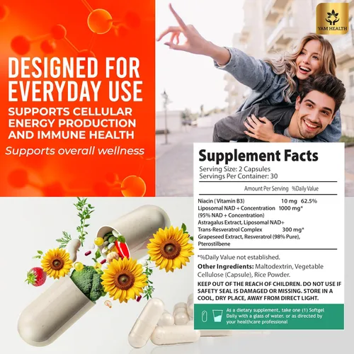 Vista 2 de NAD+ liposomal 1310mg con resveratrol y niacina (vitamina B3) para apoyo energético y celular, suplemento antioxidante, vegano, sin OMG, 60 cápsulas