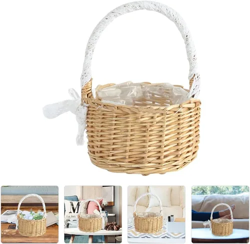 Vista 9 de Yardwe Cesta de niña, cesta de boda, cesta de mimbre con cinta, para boda, Pascua, cumpleaños