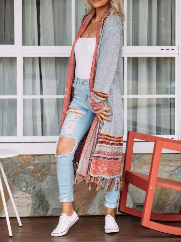 Vista 2 de Misassy Womens Boho Open Front Long Cardigans Sweater Loose Long Sleeve Embroidery Tassels Kimono Duster Outwear