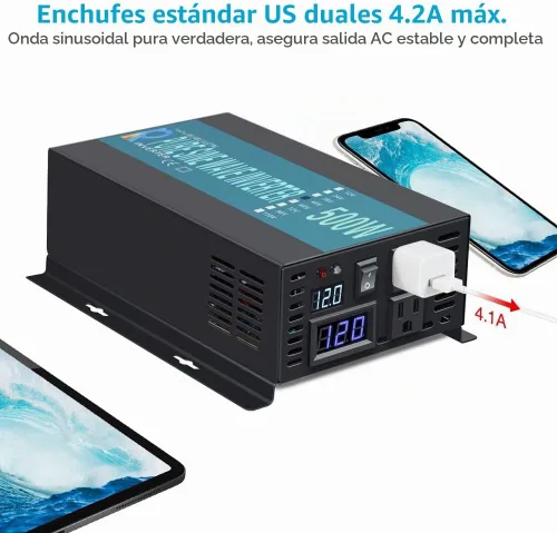 Vista 5 de WZRELB Onda sinusoidal pura de potencia completa 12V a 120V DC a CA inversor de corriente (RBP500S)