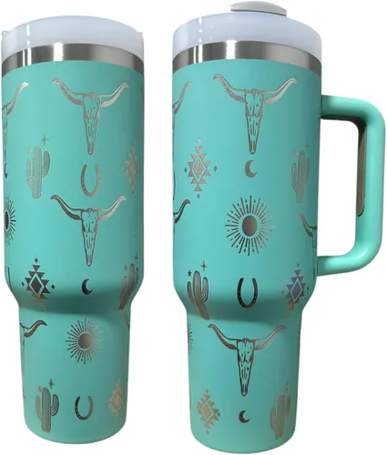 Vista 8 de Botella de agua de acero inoxidable de 40 oz taza Longhorn Bottle Bull Tumbler Cow Gift Western Water Bottle Cup (24oz Cream(90)-Longhorn (D35))