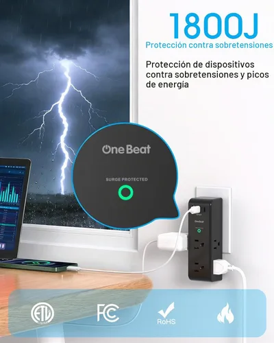 Vista 5 de Extensor de salida con protector de sobretensiones con enchufe giratorio, 6 tomas de corriente alterna con 3 puertos USB (2 USB C), cargador