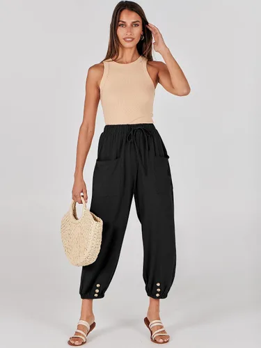 Vista 5 de ANRABESS Pantalones de lino de verano para mujer, estilo casual, pierna ancha, con cordón en la cintura, pantalones palazzo recortados