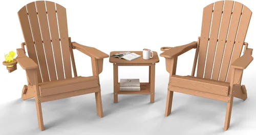 Vista 16 de Juego de sillas plegables Adirondack de 3 piezas, respaldo extra alto de 38 pulgadas y grano de madera en relieve, muebles de patio de polietileno