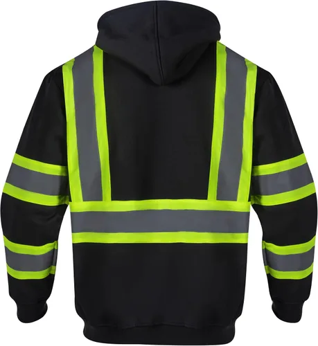 Vista 3 de VENDACE Sudadera con capucha de forro polar reflectante de alta visibilidad ANSI Clase 1 para hombres con capucha desmontable (negro, S)