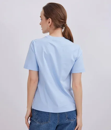 Vista 3 de Camiseta básica de manga corta para mujer, cuello redondo y seda de algodón para mujer