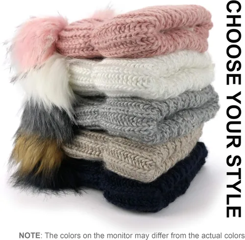 Vista 6 de Braxton Beanie - Gorro de lana para mujer, con 2 orejas de pompón, de punto trenzado, para invierno, para esquí al aire libre