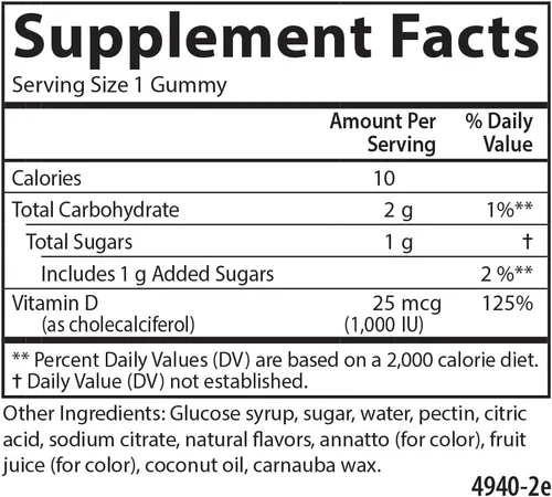 Vista 2 de Carlson - Gomitas de vitamina D3, 1000 UI (25 mcg), salud ósea, apoyo inmunológico y absorción de calcio, sabores naturales de frutas, 60 gomitas
