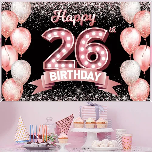 Vista 218 de Cartel de feliz cumpleaños décimo oro rosa, telón de fondo, saludos a 10 años, globos de confeti, decoración temática para niñas de 10 años