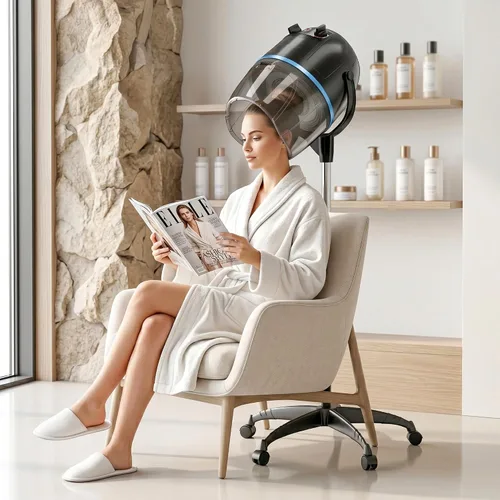 Vista 10 de Secador de pelo profesional de 1300W ajustable con capucha, de pie, base giratoria, con ruedas, para salón. Negro