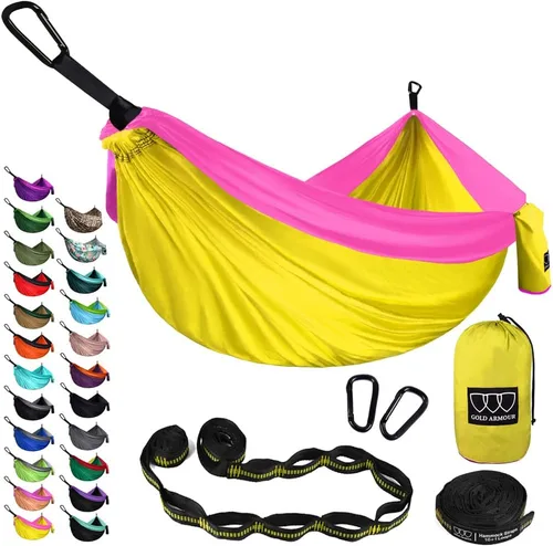 Vista 12 de Gold Armour Hamaca de camping – Hamaca doble XL, hamaca portátil, accesorios de camping, equipo para exteriores e interiores con correas de árbol