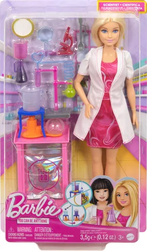 Vista 6 de Barbie Muñeca científica y accesorios con muñeca rubia de moda, mesa de laboratorio, microscopio, vaso de precipitados que cambian