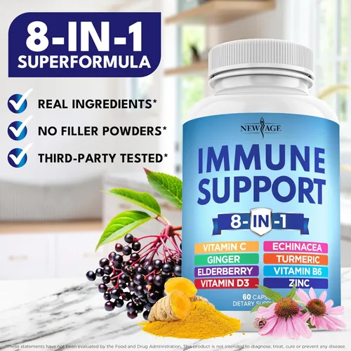 Vista 6 de Suplemento potenciador de apoyo inmunológico 8 en 1 con equinácea, vitamina C y zinc 50mg, vitamina D 5000 UI, cúrcuma curcumina y jengibre, B6