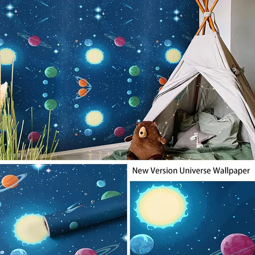 Vista 4 de MyFun Papel tapiz de planetas solares de 11 yardas, diseño espacial del universo de fantasía, calcomanías extraíbles para habitación de niños, 48.4