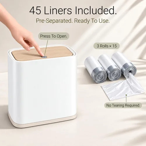Vista 6 de Basurero pequeño para baño con tapa, 3.2 galones, color blanco Tapa de madera