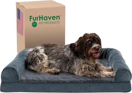 Vista 16 de Furhaven Cama para perro, de espuma viscoelástica, estilo sofá, Sherpa y chenilla, crema, M