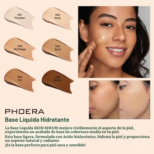 Vista 5 de PHOERA Base de suero hidratante, base de maquillaje hipoalergénica e impecable cobertura completa (N01 porcelana)