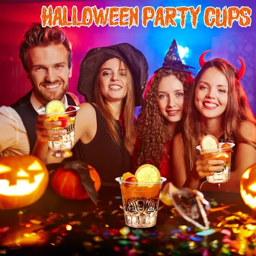 Vista 4 de Sliner 60 vasos de plástico de Halloween de 12 onzas desechables transparentes para Halloween, suministros de fiesta para bebidas frías, cerveza