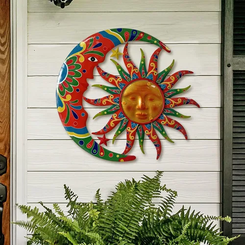 Vista 4 de Limygus Adornos de Sol y Luna para Pared para Exteriores, Arte de Pared de Metal Colorido con Sol y Luna y Estrellas Perfecto para Patio, Jardín