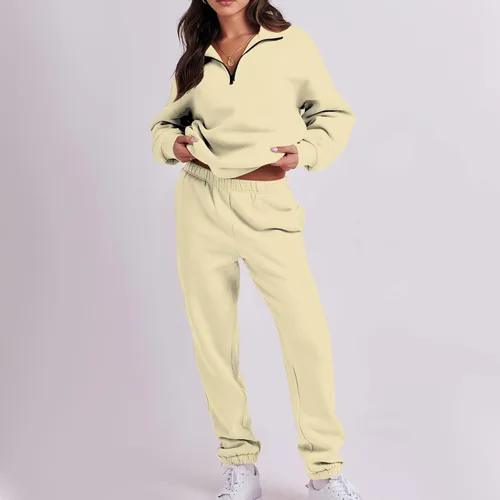 Vista 4 de Stutye Conjuntos de descanso para mujer, otoño e invierno, con cremallera, sin botones, manga larga, color sólido, sudadera de dos piezas, traje