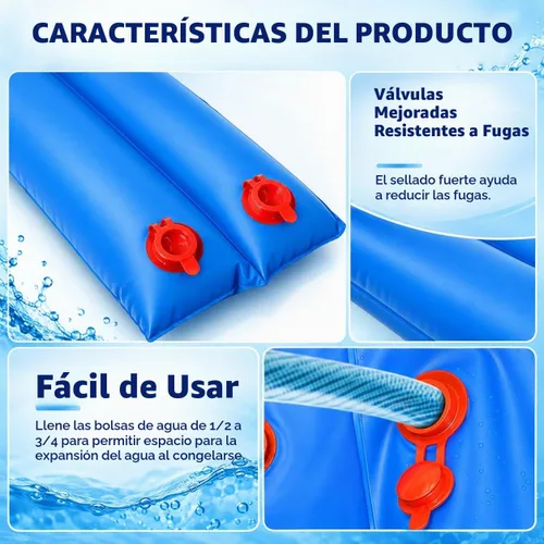 Vista 4 de Bolsas de agua para piscina, paquete de 5 unidades, tubos de agua de cámara doble de 8 pies de alta resistencia, Pesos para cubierta de piscina