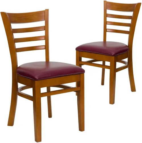 Vista 24 de Flash Furniture HERCULES Series Silla de restaurante de madera natural con respaldo de escalera - Asiento de vinilo burdeos Asiento de vinilo