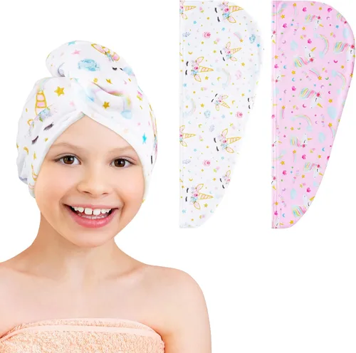 Vista 9 de WAWSAM Paquete de 2 toallas de secado de cabello para niños, toalla de microfibra para el cabello para niñas, gorro de pelo de secado rápido con Azul