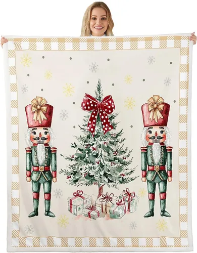 Vista 19 de Manta de cama Kawaii de Papá Noel, manta rústica de felpa con corona de Navidad para decoración rústica del hogar, manta de franela de flores rojas