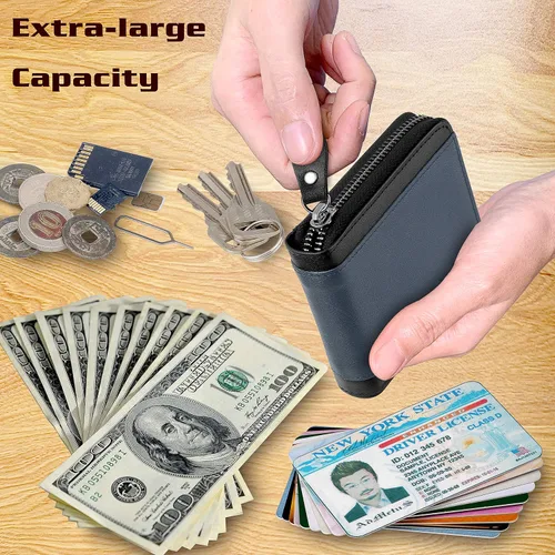 Vista 3 de Carteras con bloqueo RFID para hombre billetera de cuero con cremallera para hombre tarjetero RFID biplegable