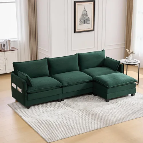 Vista 14 de Sofá seccional en forma de U de gran tamaño con asiento profundo de pana con marco de madera maciza, sofá modular cómodo moderno con reposabrazos