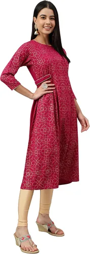 Vista 6 de Janasya Día de la Mujer Vino Poli Crepe Foil Print Flare Kurta