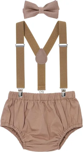 Vista 16 de AWAYTR Conjunto de bombones para bebé niño con tirantes y pajarita para fiesta de primer cumpleaños Beige