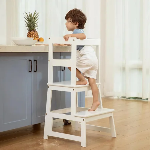Vista 6 de Taburete de cocina para niños con riel de seguridad, construcción de madera maciza taburete de aprendizaje para niños pequeños, taburete Montessori