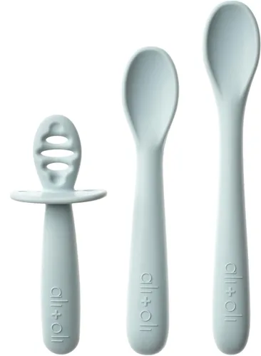 Vista 2 de Ali+Oli Juego de 3 cucharas de silicona para bebé (azul) Cucharas irrompibles para bebé, utensilios de autoalimentación, diseño multietapa, mango
