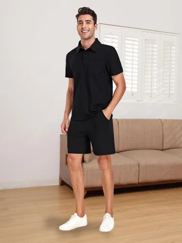 Vista 2 de WIGUREN Conjunto de camisa polo y pantalones cortos para hombre, conjunto de 2 piezas, de verano, casual, de punto gofre, de manga corta, para hombre