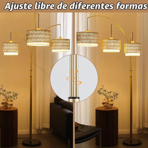 Vista 7 de Lámpara de pie de ratán dorado para sala de estar, lámpara de pie bohemia de 80 pulgadas de alto con interruptor giratorio, lámpara de arco de 3
