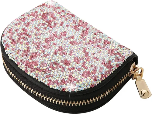 Vista 8 de AsAlways RFID Rhinestone titular de la tarjeta de crédito semicírculo multicapa cremallera caso Bling Crystal Slim pequeña cartera para mujeres