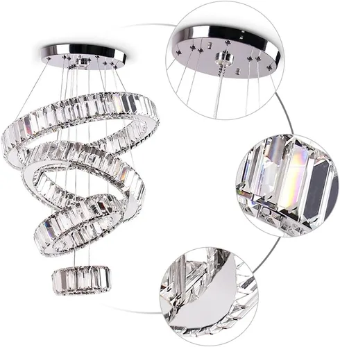 Vista 6 de Candelabro LED de 4 anillos para comedor, moderna lámpara de cristal colgante, lámparas de techo alto para dormitorio, sala de estar, comedor