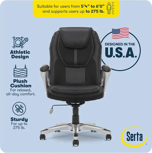 Vista 4 de Silla Serta, Negro Contoured Lumbar Lower Back Support, Back Pain Relief Chair, Adjustable Height and Recline, Work From Home Desk Chair, Black