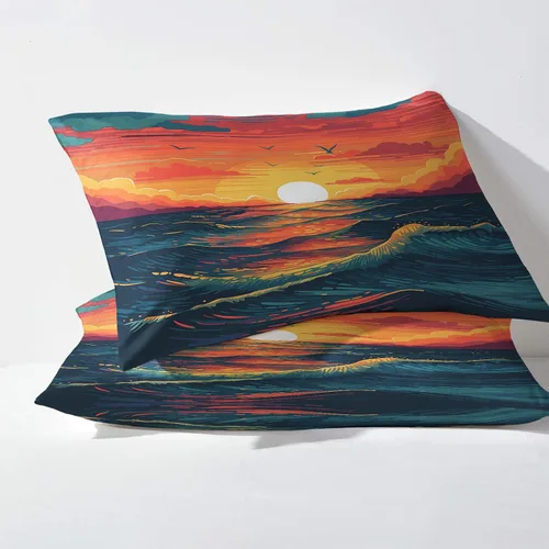 Vista 3 de Juego de sábanas de 3 piezas con diseño de mar y puesta de sol, tamaño individual, juego de sábanas y fundas de almohada estampadas de microfibra