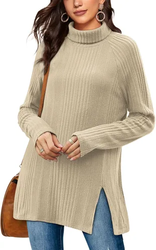 Vista 3 de OFEEFAN Camisetas de manga larga para mujer, cuello alto, túnica para otoño e invierno con abertura frontal